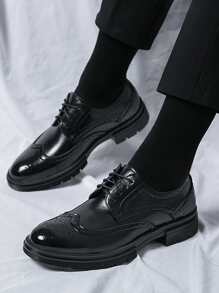 Men's Pu Leather Oxford Shoes In Black, Business Formal Brogue Lace Up, Groom Wedding Shoes