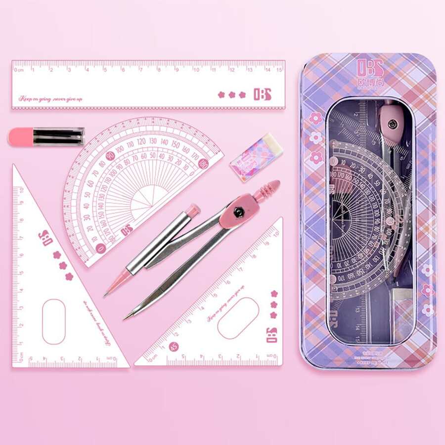 1 Set rosa Zeichenwerkzeug Set, enthält Lineal, Geodreieck, Winkelmesser für Studenten - Pink - Übersicht 1