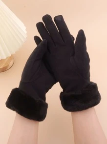 1 双女士时尚厚仿麂皮触屏防风保暖手套适合户外、骑行、购物、礼物 - 黑色 - 查看 3