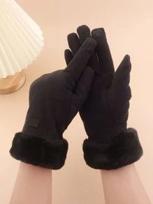 1 双女士时尚厚仿麂皮触屏防风保暖手套适合户外、骑行、购物、礼物 - 黑色 - 查看 2