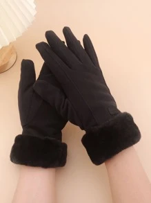 1 双女士时尚厚仿麂皮触屏防风保暖手套适合户外、骑行、购物、礼物 - 黑色 - 查看 1