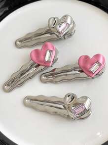 高雅4入組女士心形鑲鑽飾髮夾，適合日常使用 - 粉色 - 查看 1