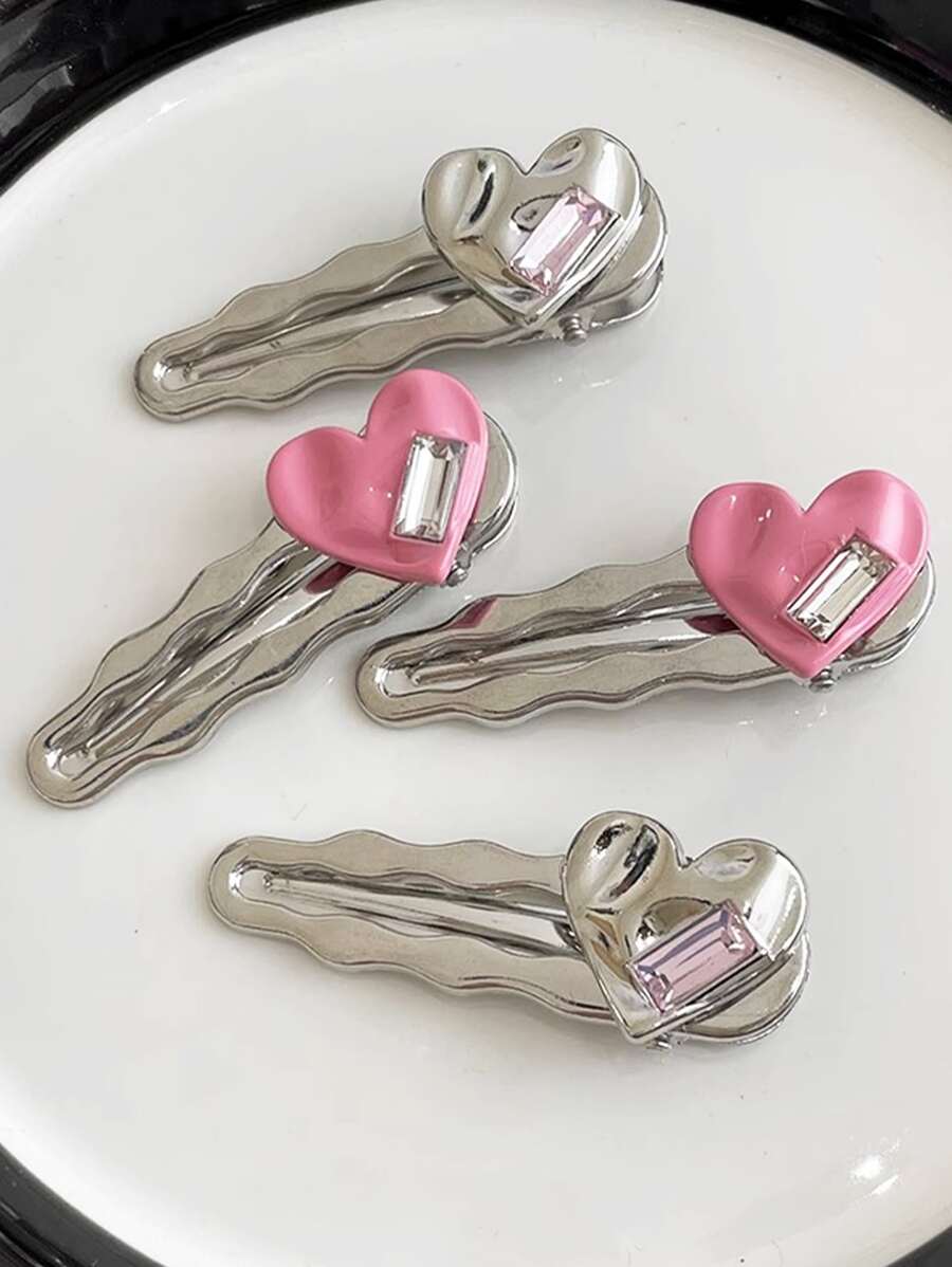 高雅4入組女士心形鑲鑽飾髮夾，適合日常使用 - 粉色 - 查看 1