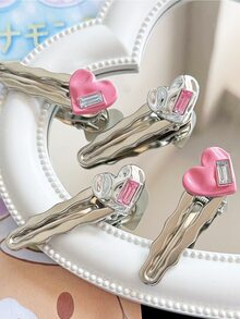 高雅4入組女士心形鑲鑽飾髮夾，適合日常使用 - 粉色 - 查看 2