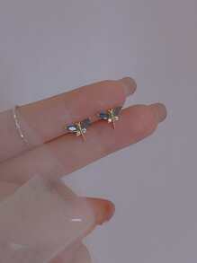 CVNANA 1pair Cute Insect Design Mini Stud Earrings Summer New Chic Cubic Zirconia Dragonfly Earrings Suitable For Women's Daily Wear - Yellow Gold - View 5