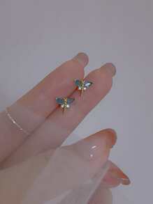 CVNANA 1pair Cute Insect Design Mini Stud Earrings Summer New Chic Cubic Zirconia Dragonfly Earrings Suitable For Women's Daily Wear - Yellow Gold - View 3