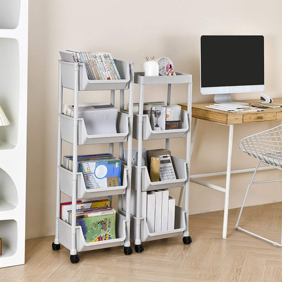 1個多層兒童書架,宿舍儲物架,廚房儲物架,帶輪浴室馬桶,適用於客廳,臥室,廚房,浴室等 - 灰色3層+平頂 - 查看 1