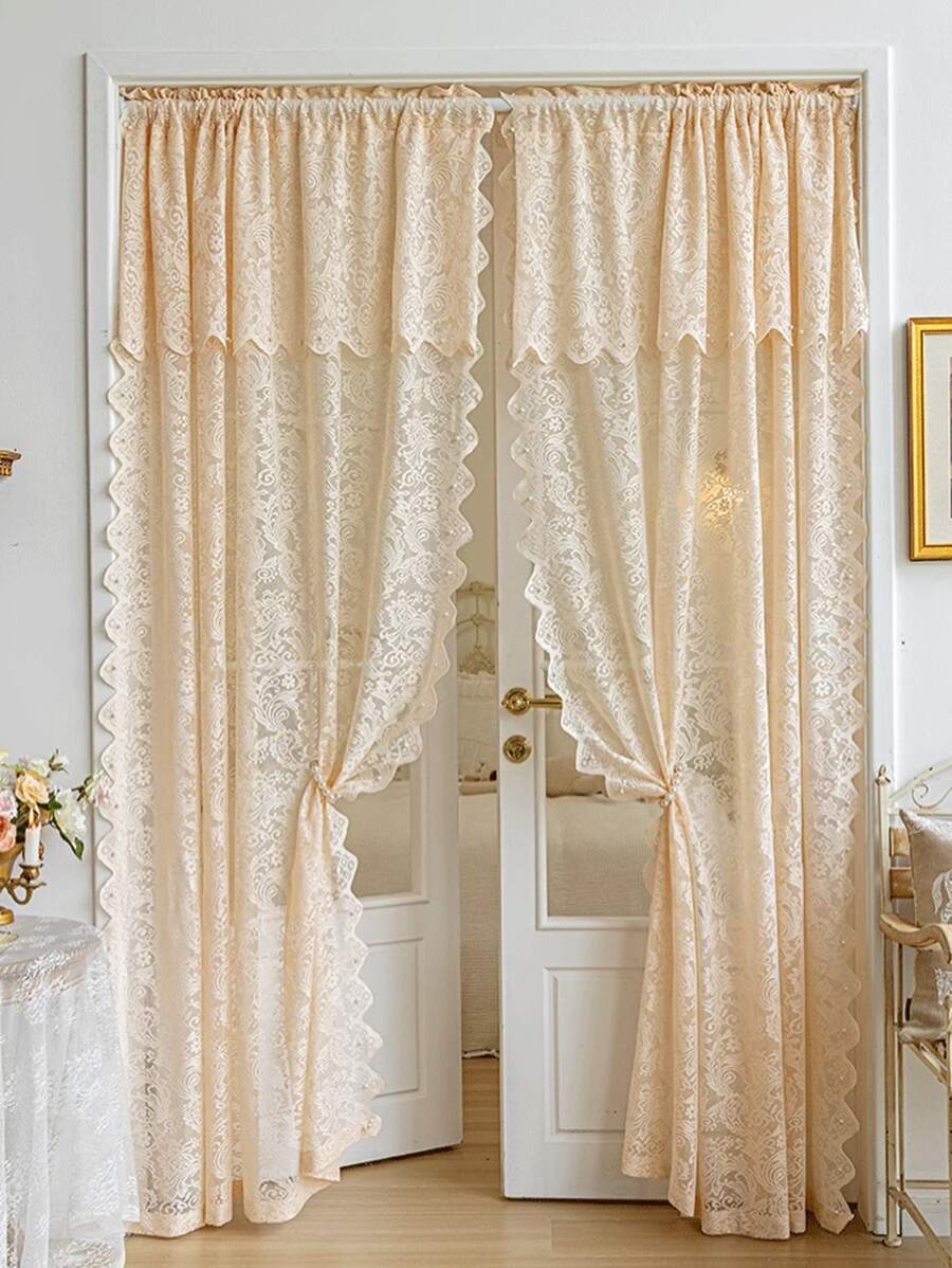 1 Pieza Cortina De Puerta De Encaje Romántico Francés Con Cabeza Y Barra De Cortina - Beis - Ver 1