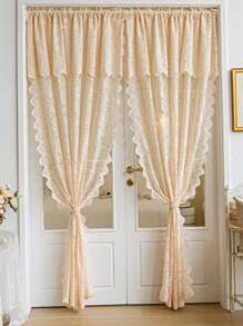 1 Pieza Cortina De Puerta De Encaje Romántico Francés Con Cabeza Y Barra De Cortina - Beis - Ver 3