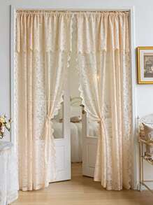 1 Pieza Cortina De Puerta De Encaje Romántico Francés Con Cabeza Y Barra De Cortina - Beis - Ver 4