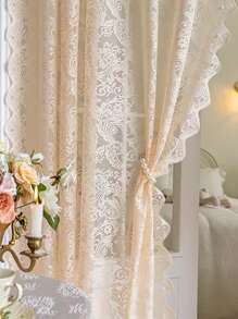 1 Pieza Cortina De Puerta De Encaje Romántico Francés Con Cabeza Y Barra De Cortina - Beis - Ver 6