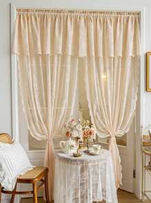 1 Pieza Cortina De Puerta De Encaje Romántico Francés Con Cabeza Y Barra De Cortina - Beis - Ver 8