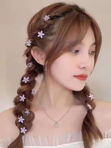 Conjunto de 10 peças de acessórios de cabelo femininos modernos com presilhas laterais de cristal e estampa floral, incluindo presilhas de garra, grampos e presilhas de cabelo. - Roxa - Ver 1