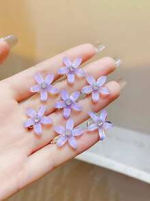 Conjunto de 10 peças de acessórios de cabelo femininos modernos com presilhas laterais de cristal e estampa floral, incluindo presilhas de garra, grampos e presilhas de cabelo. - Roxa - Ver 3