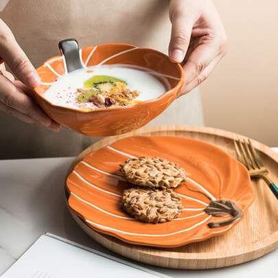 1件创意陶瓷南瓜造型盘，可爱个性化早餐沙拉盘，餐具