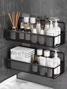 1pc Simple Black Hollow Wall Mounted Storage Shelf, Modern Iron Bathroom Storage Rack For Household Bathroom - Black - View 1