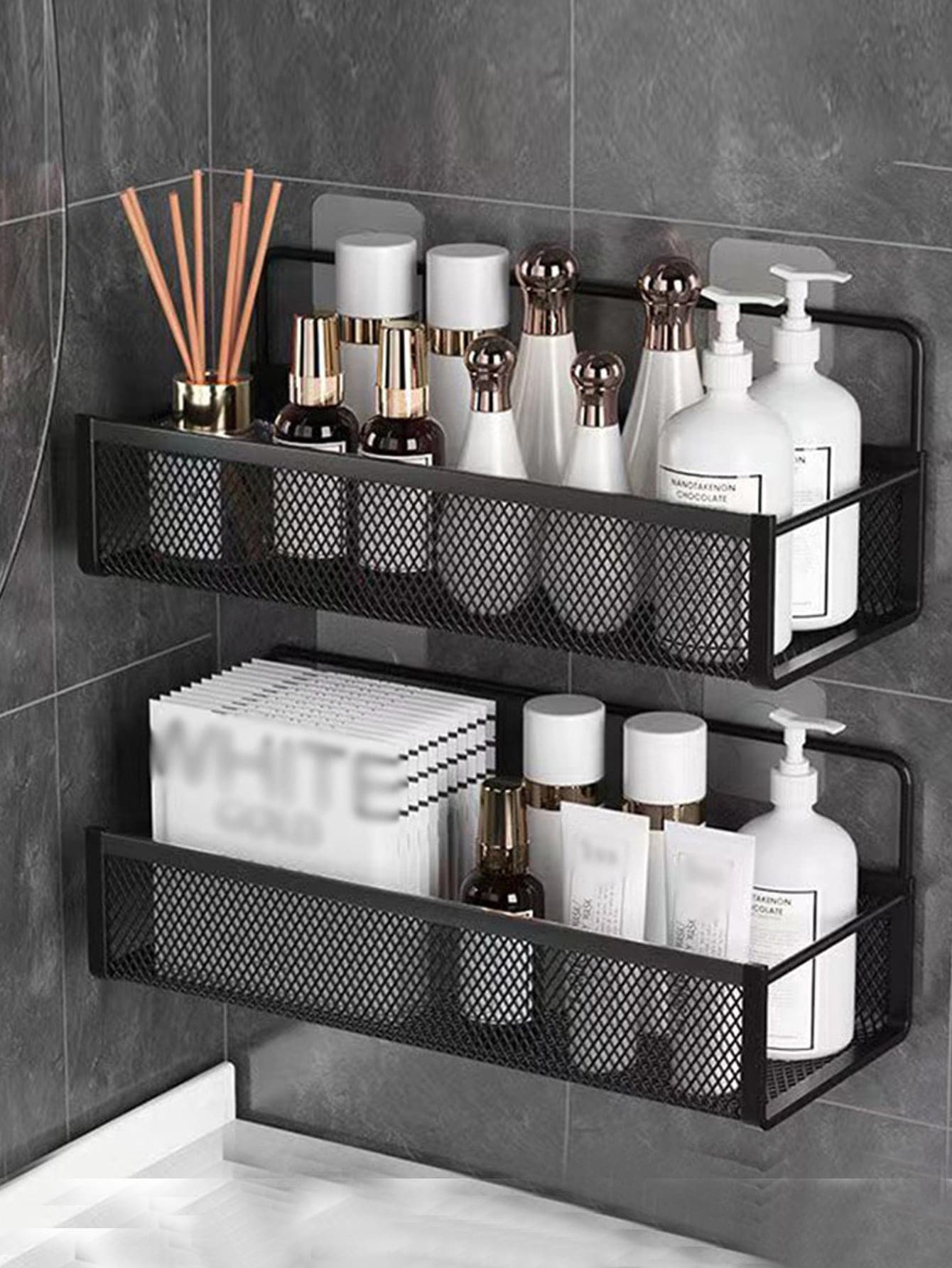 1pc Simple Black Hollow Wall Mounted Storage Shelf, Modern Iron Bathroom Storage Rack For Household Bathroom - Black - View 1