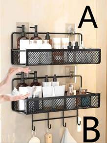 1pc Simple Black Hollow Wall Mounted Storage Shelf, Modern Iron Bathroom Storage Rack For Household Bathroom - Black - View 3