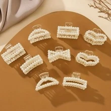 9入組小尺寸人造珍珠裝飾髮爪極簡香蕉夾優雅髮夾防滑頭髮配飾 - 米色 - 查看 4