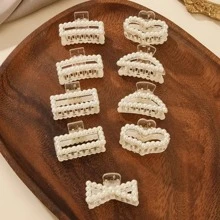 9入組小尺寸人造珍珠裝飾髮爪極簡香蕉夾優雅髮夾防滑頭髮配飾 - 米色 - 查看 2