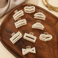 9入組小尺寸人造珍珠裝飾髮爪極簡香蕉夾優雅髮夾防滑頭髮配飾 - 米色 - 查看 1