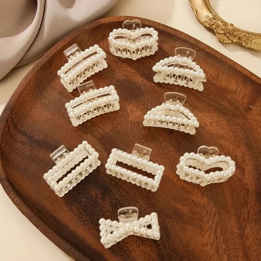 9入組小尺寸人造珍珠裝飾髮爪極簡香蕉夾優雅髮夾防滑頭髮配飾 - 米色 - 查看 1
