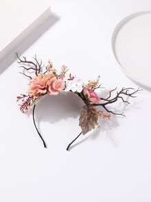 1 件女式可爱鹿角形花饰头带，森系风格 - 杏色 - 查看 3