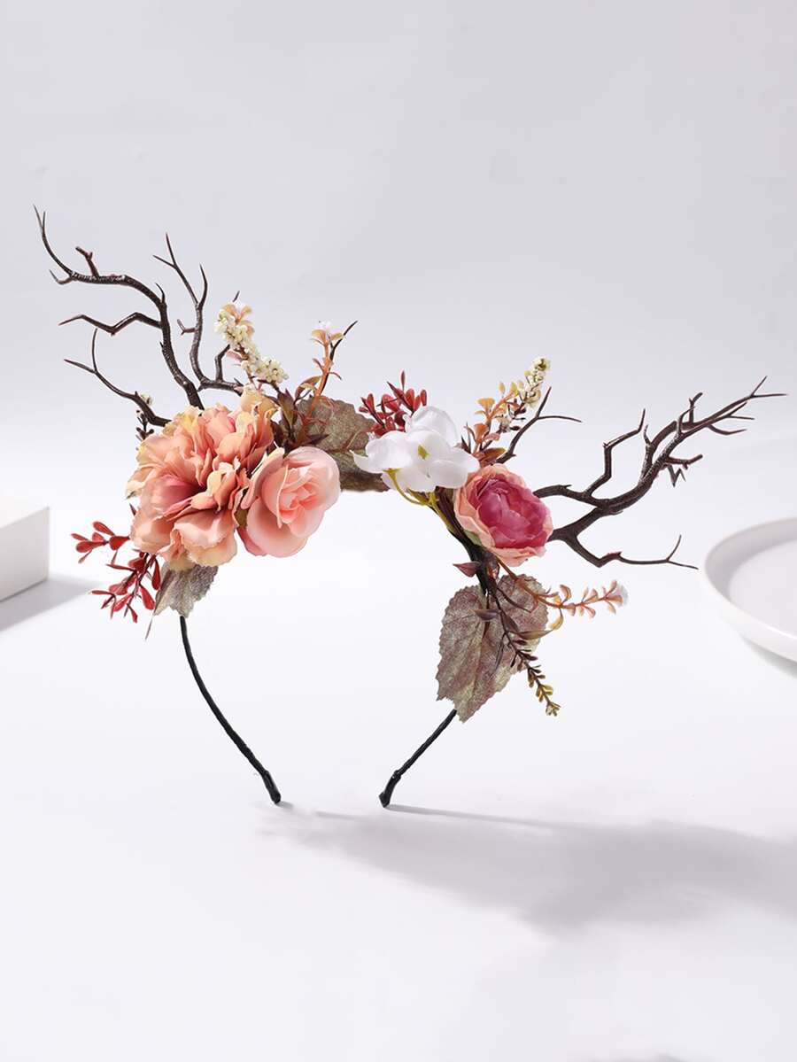 1 件女式可爱鹿角形花饰头带，森系风格 - 杏色 - 查看 1