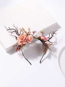 1 件女式可爱鹿角形花饰头带，森系风格 - 杏色 - 查看 2