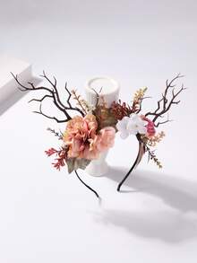 1 件女式可爱鹿角形花饰头带，森系风格 - 杏色 - 查看 6