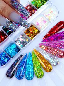 12 格全息彩色不对称闪光薄片美甲配件，闪亮碎片美甲装饰用于美甲 DIY 指甲饰物指甲宝石美甲用品指甲 - 彩色 - 查看 1