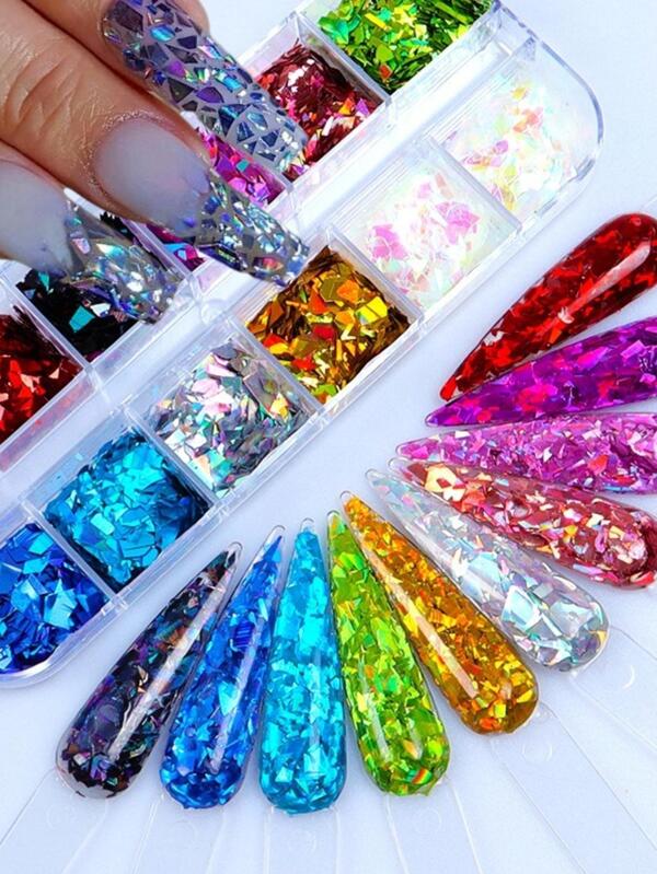 12 Rejillas de Fragmentos de Brillo Asimétricos Holográficos y Coloridos, Decoraciones de Arte de Uñas Brillantes para Manualidades de Manicura, Encantos de Uñas, Gemas de Uñas, Suministros de Uñas