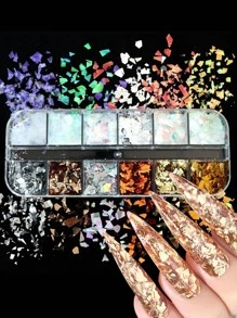 12 格金属彩色不对称闪光片，用于美甲，闪亮美人鱼碎片，用于修指甲，DIY 美甲装饰用品