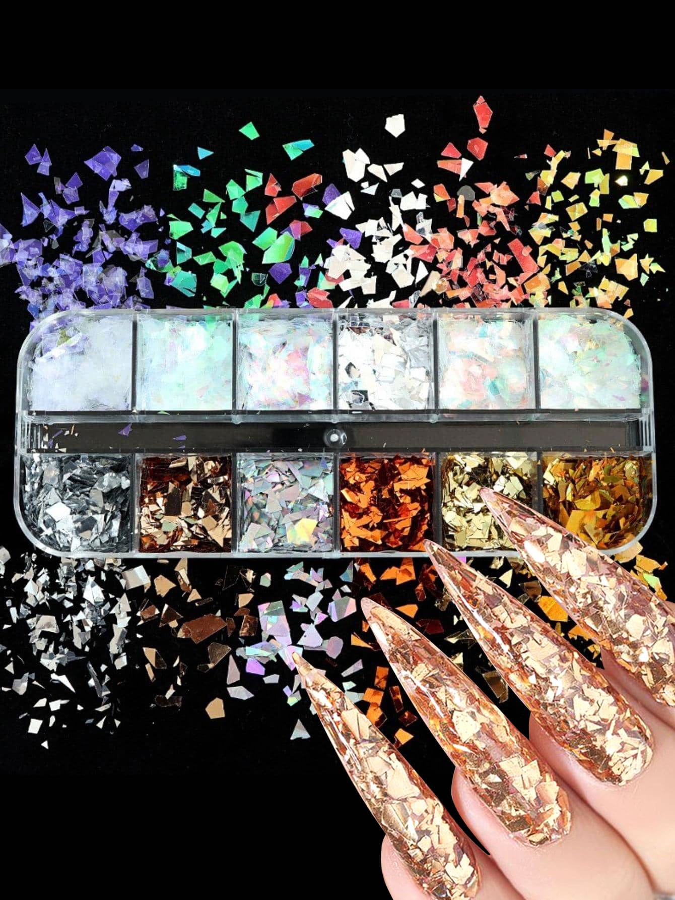 12 格金属彩色不对称闪光片，用于美甲，闪亮美人鱼碎片，用于修指甲，DIY 美甲装饰用品