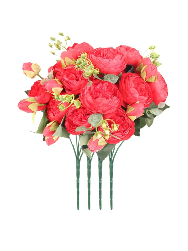 4 Bouquets of Peony Artificial Bouquet, Loose Silk Faux Peony Flowers for Vase Party Bridal Flower Arrangements Home Wedding Decor Table Centerpieces (red)