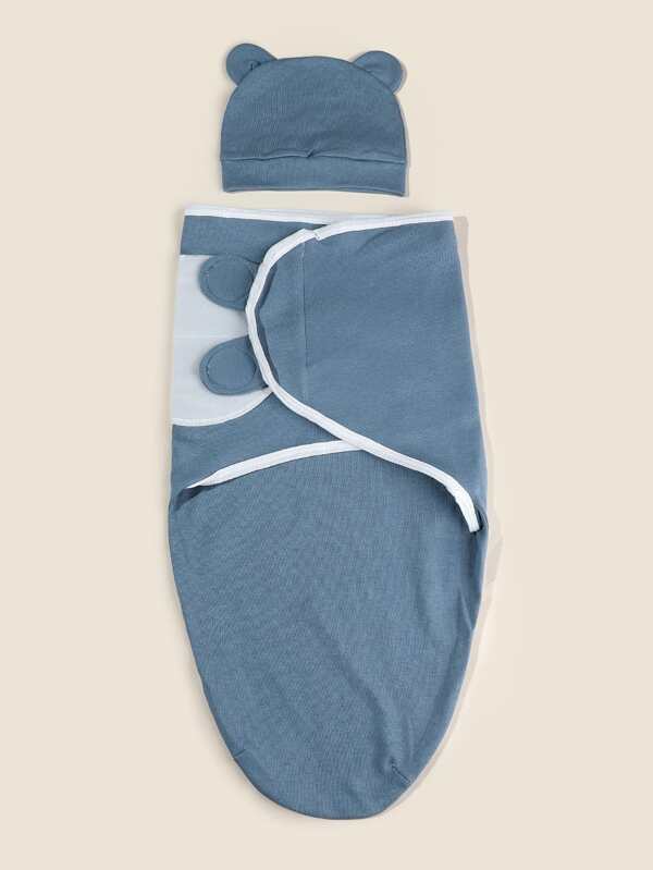 طقم قبعة بشكل أذن كرتوني ناعم وبطانية لف للأطفال حديثي الولادة من عمر 0-3 أشهر