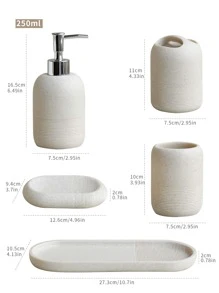 5pcs/set Bathroom Accessories Soap Dispenser, Rinse Cup, Soap Dish, Toothbrush Holder, Tray, Sandstone Material, Wash Basin Storage Rack - Beige - View 7