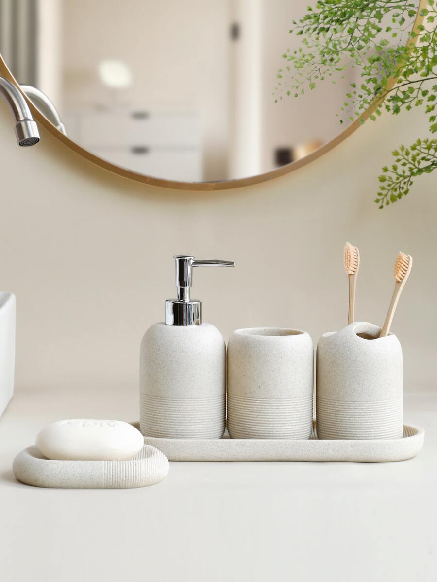 5pcs/set Bathroom Accessories Soap Dispenser, Rinse Cup, Soap Dish, Toothbrush Holder, Tray, Sandstone Material, Wash Basin Storage Rack - Beige - View 1