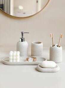 5pcs/set Bathroom Accessories Soap Dispenser, Rinse Cup, Soap Dish, Toothbrush Holder, Tray, Sandstone Material, Wash Basin Storage Rack - Beige - View 3
