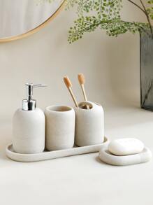 5pcs/set Bathroom Accessories Soap Dispenser, Rinse Cup, Soap Dish, Toothbrush Holder, Tray, Sandstone Material, Wash Basin Storage Rack - Beige - View 2