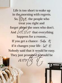 励志墙贴语录、客厅卧室谚语贴纸墙面艺术装饰、人生苦短，何必在清晨醒来却后悔莫及 23 X 28 英寸、贴纸、墙贴、家居装饰乙烯基贴纸、春季装饰品，让您的家焕然一新、Rama 装饰贴纸，生日毕业礼物 - 黑色 - 查看 1