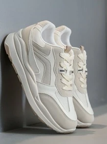 1 đôi Của phụ nữ Thể thao Phong cách Thoải mái Giải trí Giày dép , Mặt trước Buộc , Hai tông màu Màu be & Màu xám , Thoáng khí , Da giả Chất liệu , Cắt thấp , Ngoài trời Ván trượt Giày dép , Thích hợp Đối với Sinh viên Và Trung học phổ thông Sinh viên - Màu be - Xem 2