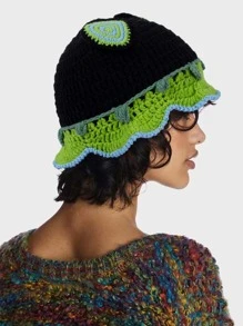 1pc Handmade Crochet Hat With Adorable Ear Decor, Unique And Fun Style, Suitable For Daily Wear - Multicolor - View 2