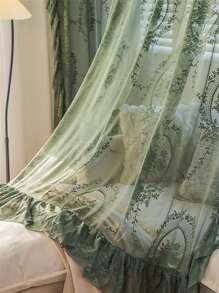1 Piece Of French Retro Curtain Gauze Green Lace Princess Style Gauze Curtain Light Luxury Transparent Light Impermeable Curtain Screen - Army Green - View 5
