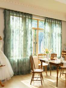 1 Piece Of French Retro Curtain Gauze Green Lace Princess Style Gauze Curtain Light Luxury Transparent Light Impermeable Curtain Screen - Army Green - View 7