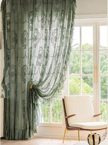 1 Piece Of French Retro Curtain Gauze Green Lace Princess Style Gauze Curtain Light Luxury Transparent Light Impermeable Curtain Screen - Army Green - View 2
