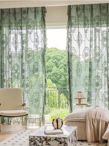 1 Piece Of French Retro Curtain Gauze Green Lace Princess Style Gauze Curtain Light Luxury Transparent Light Impermeable Curtain Screen - Army Green - View 4