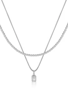 Nooxian 2pcs Women's Small Square Pendant Copper Zirconia Necklace