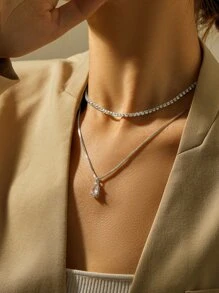 Nooxian 2pcs Women's Small Square Pendant Copper Zirconia Necklace