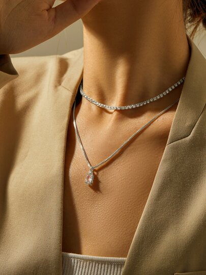 Nooxian 2pcs Women's Small Square Pendant Copper Zirconia Necklace